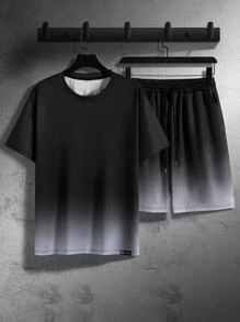 Manfinity Homme Men Plus Ombre Tee & Drawstring Waist Shorts - Black - View 7