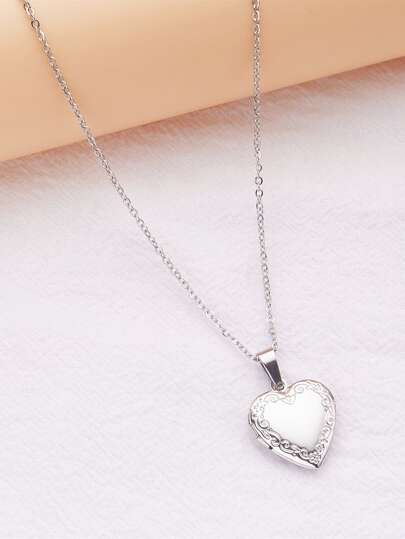 1 件时尚不锈钢心形相框盒吊坠项链适合女士日常装饰情人节、妈妈、母亲、母亲节、礼物