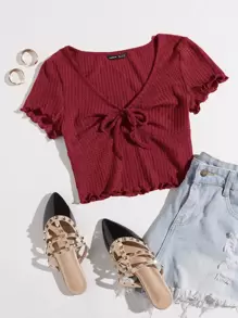 SHEIN EZwear 木耳邊前打結華夫格編織T恤 - 酒紅色 - 查看 1