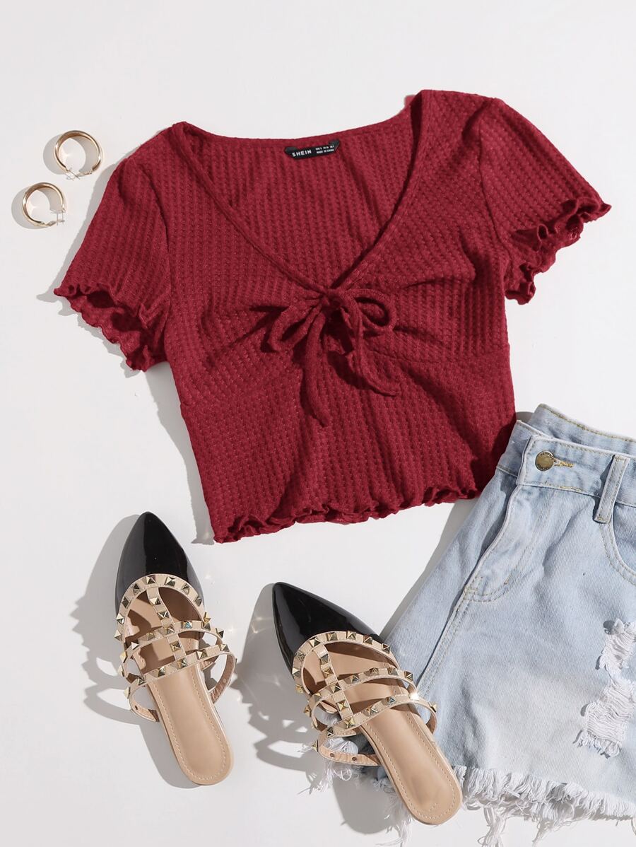 SHEIN EZwear 木耳邊前打結華夫格編織T恤 - 酒紅色 - 查看 1