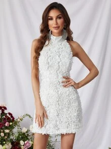 素色花卉貼花掛脖連衣裙