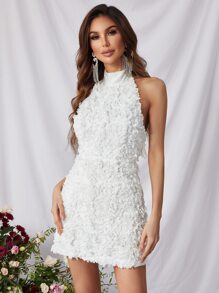 素色花卉貼花掛脖連衣裙