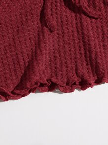 SHEIN EZwear 木耳邊前打結華夫格編織T恤 - 酒紅色 - 查看 4