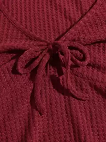 SHEIN EZwear 木耳邊前打結華夫格編織T恤 - 酒紅色 - 查看 5