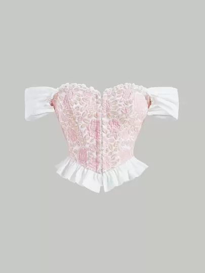 SHEIN MOD Top con diseño floral, con hombros descubiertos, ribete de volantes y estructura de corset en el dobladillo