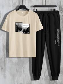 Manfinity Homme Men Slogan Graphic Tee & Drawstring Sweatpants - Multicolor - View 3