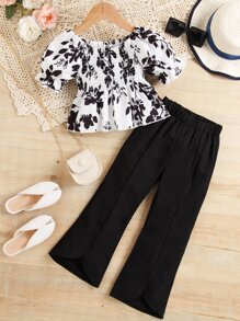 SHEIN 小女童印花泡泡袖花邊下擺上衣和喇叭褲 - 黑與白 - 查看 1