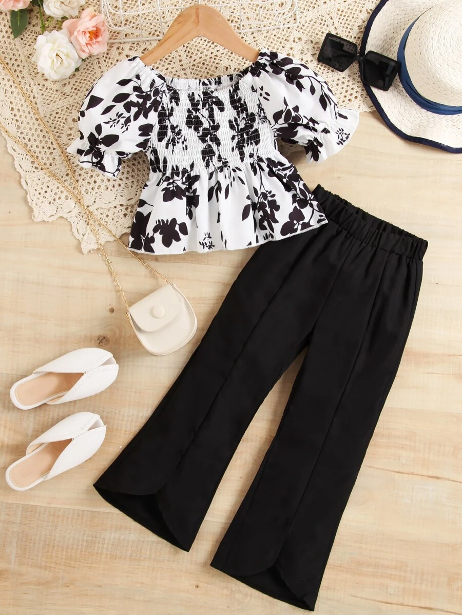 SHEIN 小女童印花泡泡袖花邊下擺上衣和喇叭褲 - 黑與白 - 查看 1