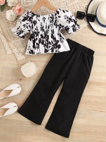 SHEIN 小女童印花泡泡袖花邊下擺上衣和喇叭褲 - 黑與白 - 查看 2