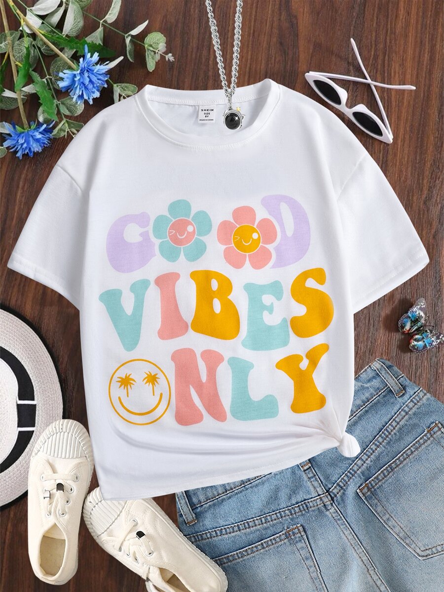 Tween Girl Floral & Slogan Graphic Tee - White - View 1