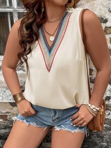 SHEIN LUNE Plus Contrast Tape Trim Sleeveless Blouse - White - View 3