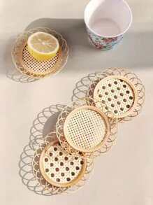 1 cái lót ly bằng tre, thiết kế hoa hiện đại lót ly dệt cho bàn ăn - Màu Khaki - Xem 2