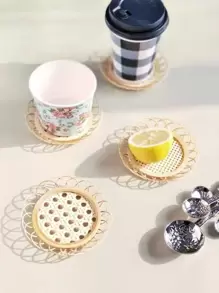 1 cái lót ly bằng tre, thiết kế hoa hiện đại lót ly dệt cho bàn ăn - Màu Khaki - Xem 3