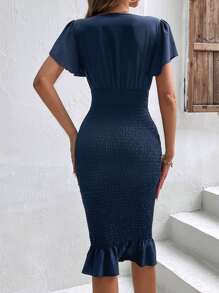 SHEIN Clasi Vestido ajustado de manga mariposa bajo con fruncido - Azul Marino - Ver 2