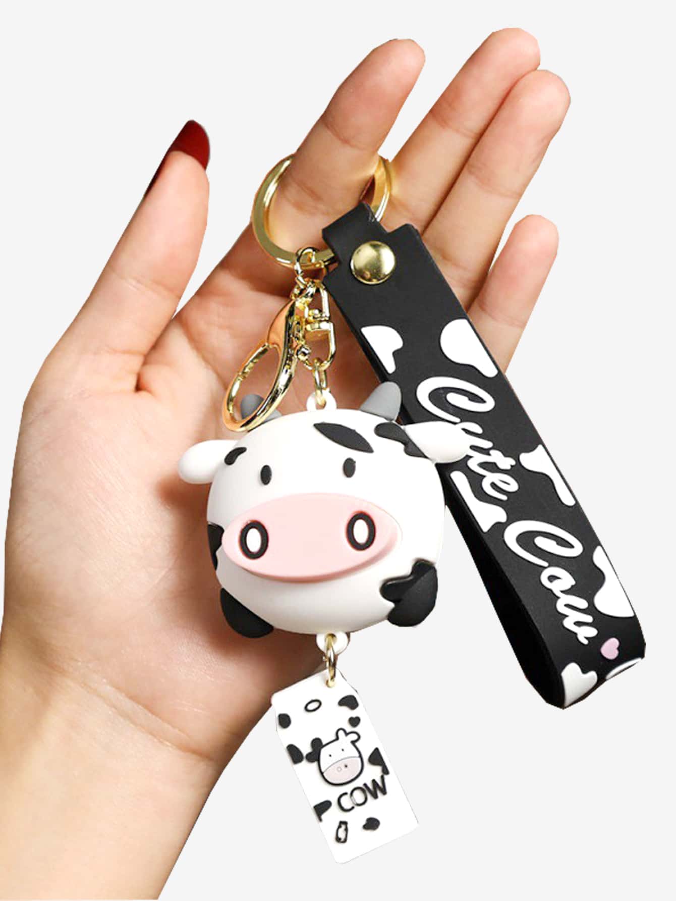 1pc Unisex Cartoon 3d Pvc Cow Doll Pendant With String & Keychain, Birthday Gift For Girlfriend - Black and White - View 1
