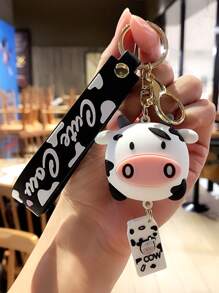 1pc Unisex Cartoon 3d Pvc Cow Doll Pendant With String & Keychain, Birthday Gift For Girlfriend - Black and White - View 4