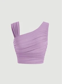 SHEIN MOD Asymmetrical Neck Ruched Crop Top - Lilac Purple - View 1