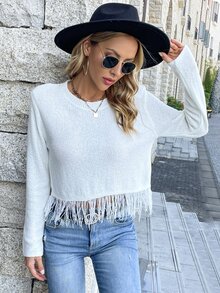 Knit Mix Fringe Hem Shoulder Pad Crop Jumper - White - View 5