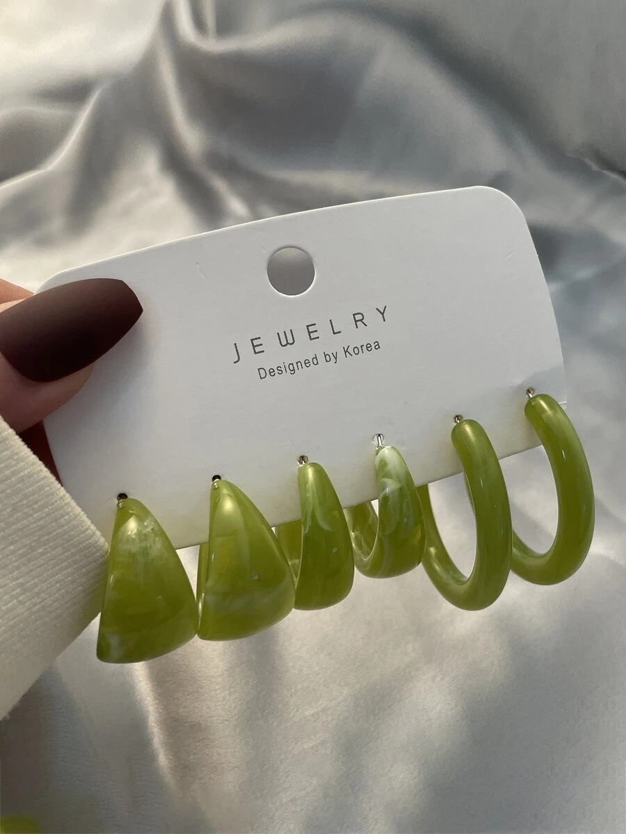 3 cặp/bộ Bông tai dạng vòng tối giản - màu xanh lá - Xem 1