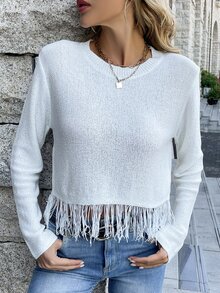 Knit Mix Fringe Hem Shoulder Pad Crop Jumper - White - View 6