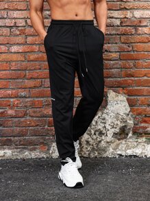 Daily&Casual Men Letter Graphic Drawstring Waist Sports Trousers - Black - View 7