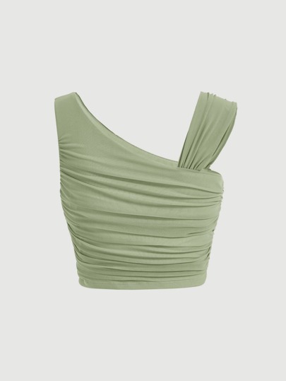 SHEIN MOD Solid Ruched Asymmetrical Neck Crop Top