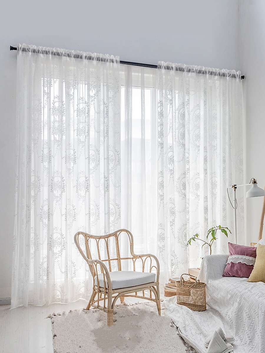 Polyester Sheer Panel Curtain, Modernist Floral Pattern Light Filtering Privacy Sheer Curtain For Living Room, Bedroom - White - View 1