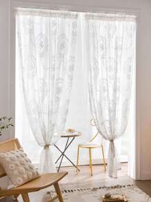 Polyester Sheer Panel Curtain, Modernist Floral Pattern Light Filtering Privacy Sheer Curtain For Living Room, Bedroom - White - View 3