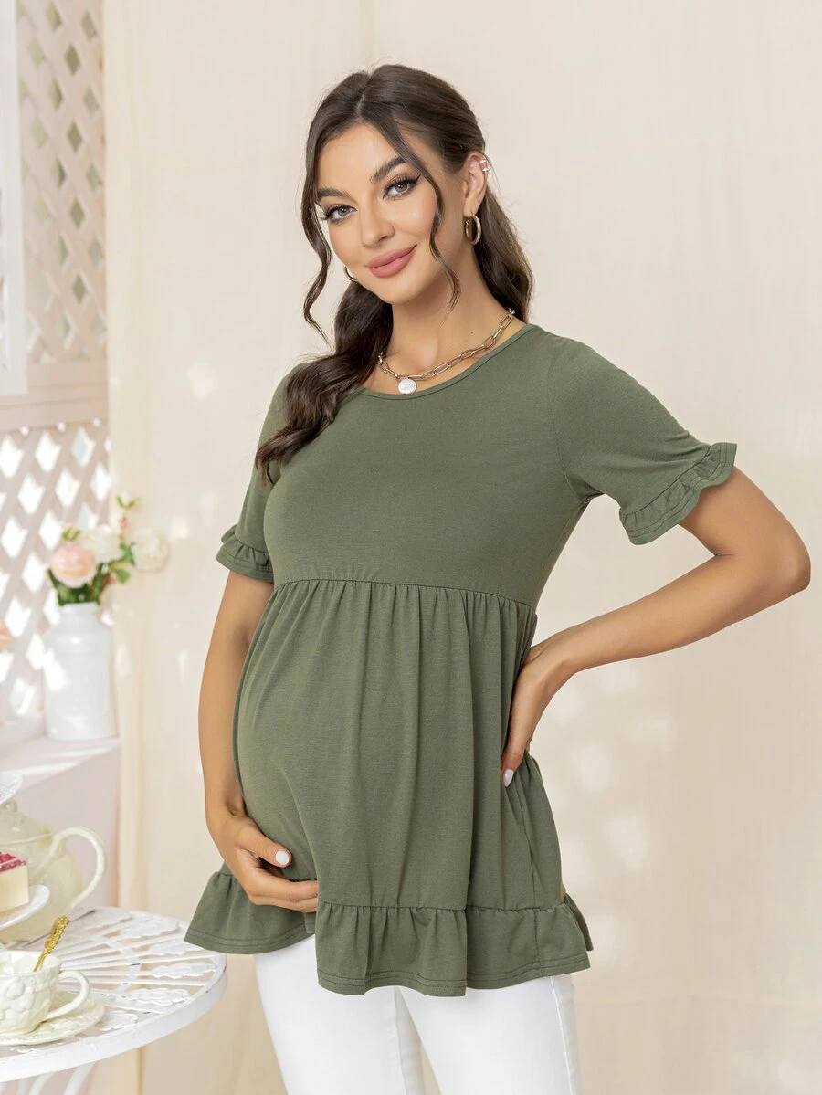 DEARCASE Maternity Ruffle Hem Solid Tee - Army Green - View 1