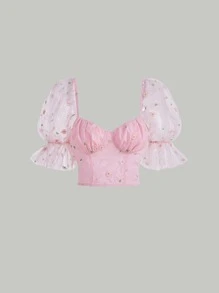 SHEIN MOD 花卉刺繡胸部褶皺泡泡袖短款襯衫 - 淺粉色 - 查看 1