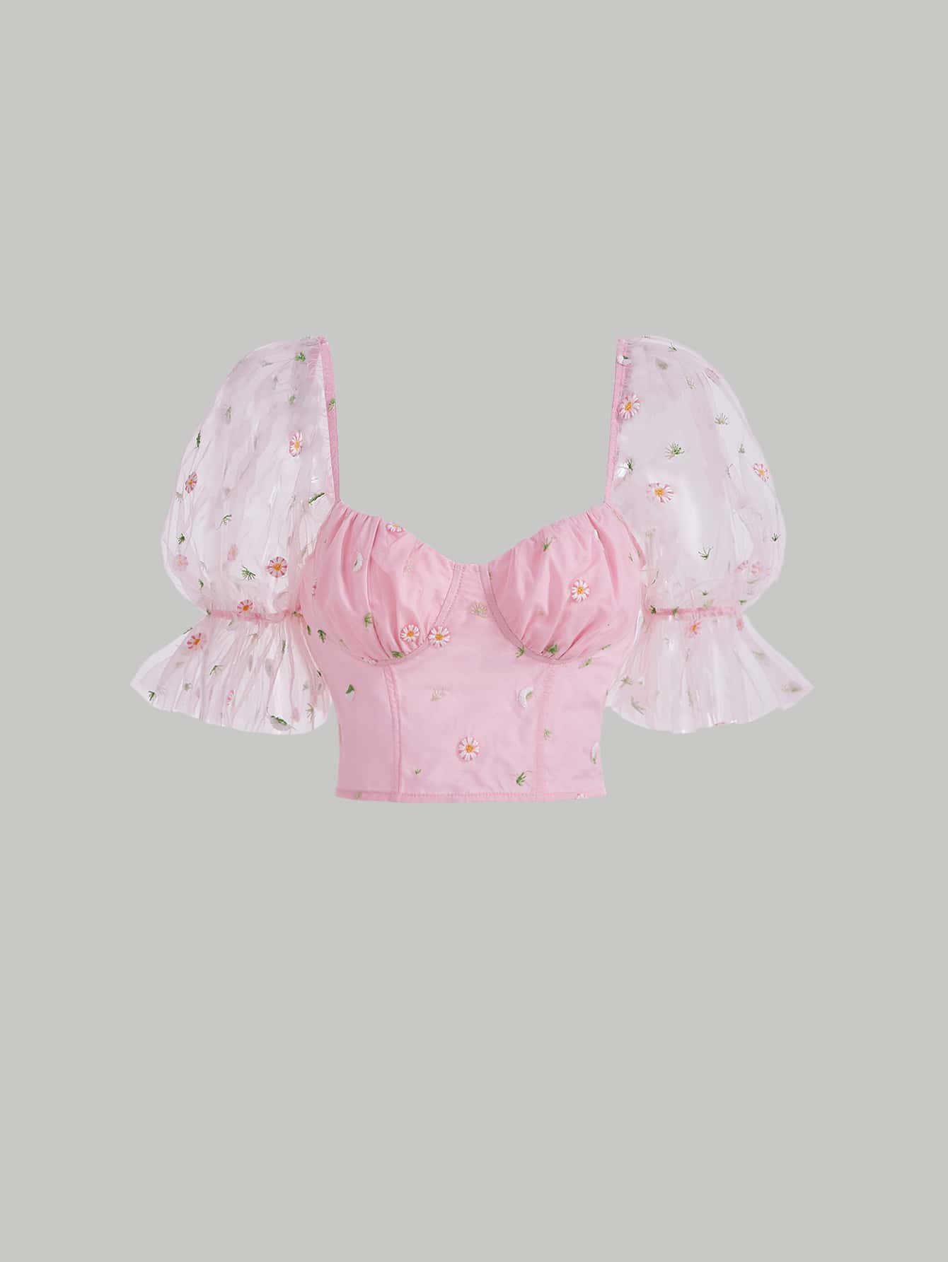 SHEIN MOD 花卉刺繡胸部褶皺泡泡袖短款襯衫 - 淺粉色 - 查看 1