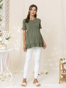 DEARCASE Maternity Ruffle Hem Solid Tee - Army Green - View 3