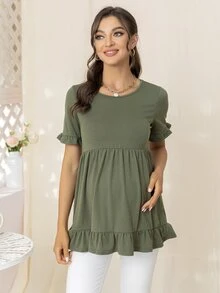 DEARCASE Maternity Ruffle Hem Solid Tee - Army Green - View 4