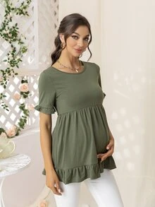 DEARCASE Maternity Ruffle Hem Solid Tee - Army Green - View 5