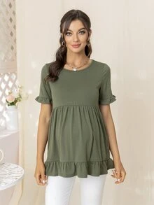 DEARCASE Maternity Ruffle Hem Solid Tee - Army Green - View 6