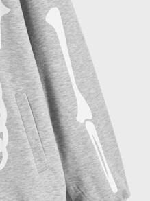 ROMWE MEN Goth Nam In Bộ xương Dây kéo Dây rút Hoodie - Màu Xám nhạt - Xem 4