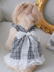 1pc Plaid Print Bow Decor Pet Dress - Black and White - View 1