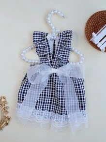 1pc Plaid Print Bow Decor Pet Dress - Black and White - View 2