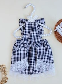 1pc Plaid Print Bow Decor Pet Dress - Black and White - View 3