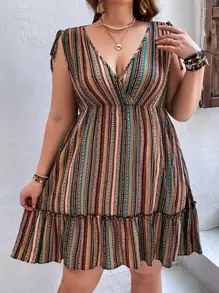 SHEIN VCAY Summer Beach Shoulders Tunnel Drawstring Plus Size Striped Print Ruffle Hem Dress