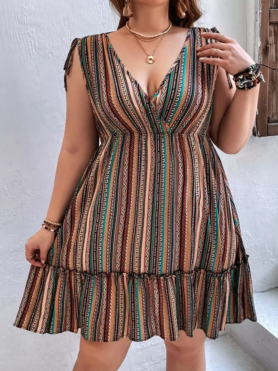 SHEIN VCAY Summer Beach Shoulders Tunnel Drawstring Plus Size Striped Print Ruffle Hem Dress