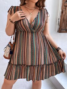 SHEIN VCAY Summer Beach Shoulders Tunnel Drawstring Plus Size Striped Print Ruffle Hem Dress