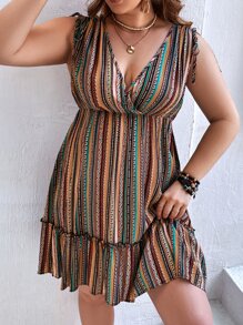 SHEIN VCAY Summer Beach Shoulders Tunnel Drawstring Plus Size Striped Print Ruffle Hem Dress