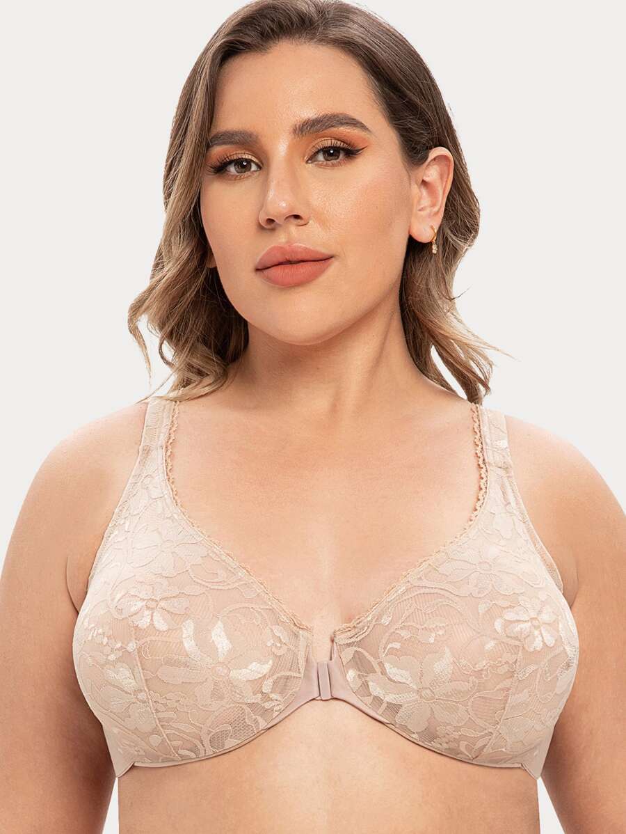 Plus Unlined Floral Lace Underwire Front Closure Bra - Apricot - View 1