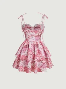 SHEIN MOD 印花胸部褶皺肩上打結荷葉邊吊帶連衣裙 - 彩色 - 查看 2