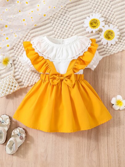 Baby Ruffle Trim Puff Sleeve Top & Bow Front Pinafore Skirt