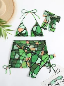 幾何印花頸掛三角形夏日沙灘比基尼套裝，配有海灘裙和頭巾 - 綠色 - 查看 3