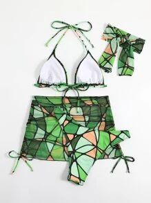 幾何印花頸掛三角形夏日沙灘比基尼套裝，配有海灘裙和頭巾 - 綠色 - 查看 4