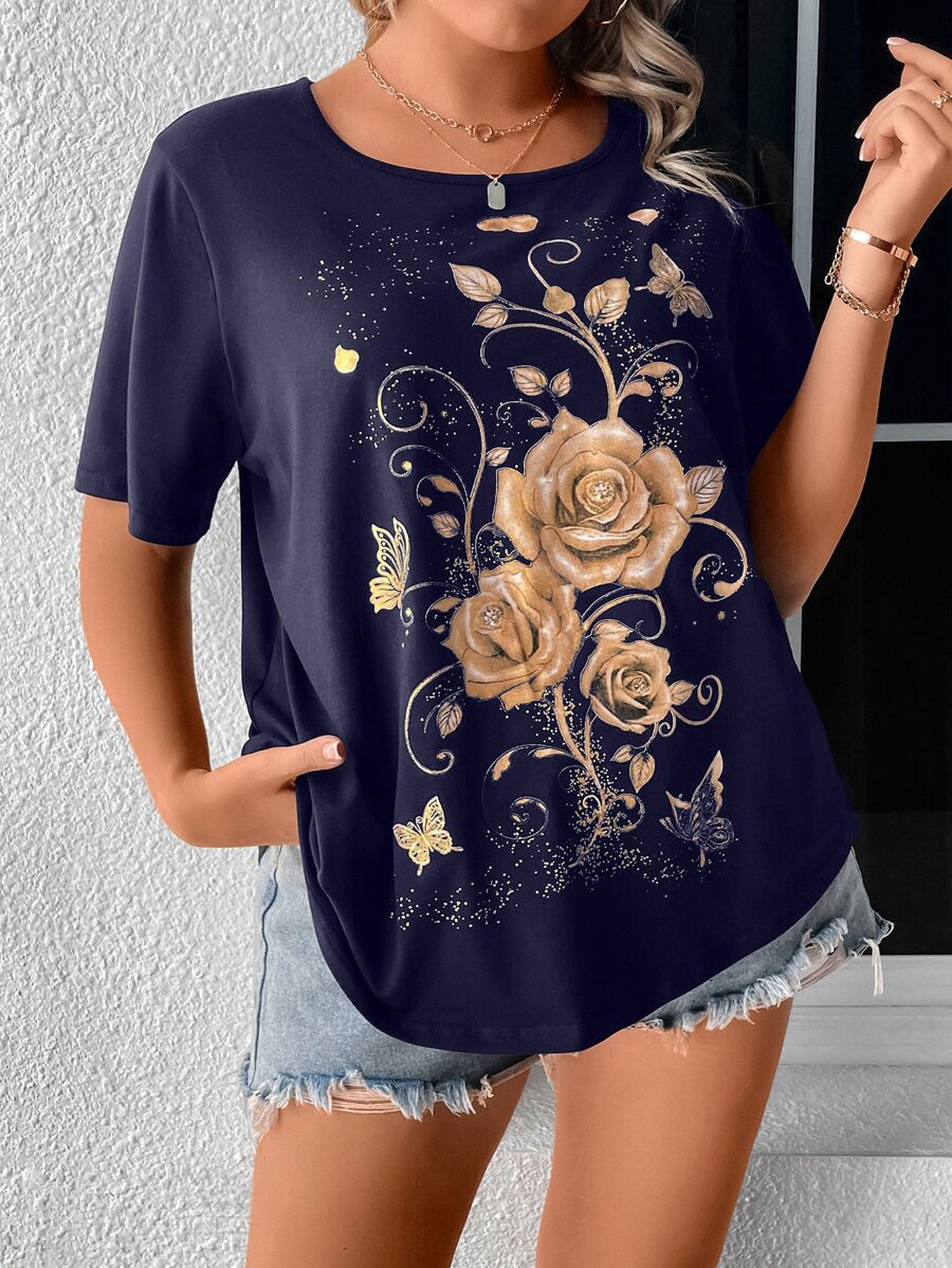 SHEIN LUNE Camiseta con estampado floral - Azul Marino - Ver 1