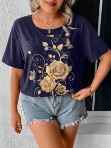 SHEIN LUNE Camiseta con estampado floral - Azul Marino - Ver 5